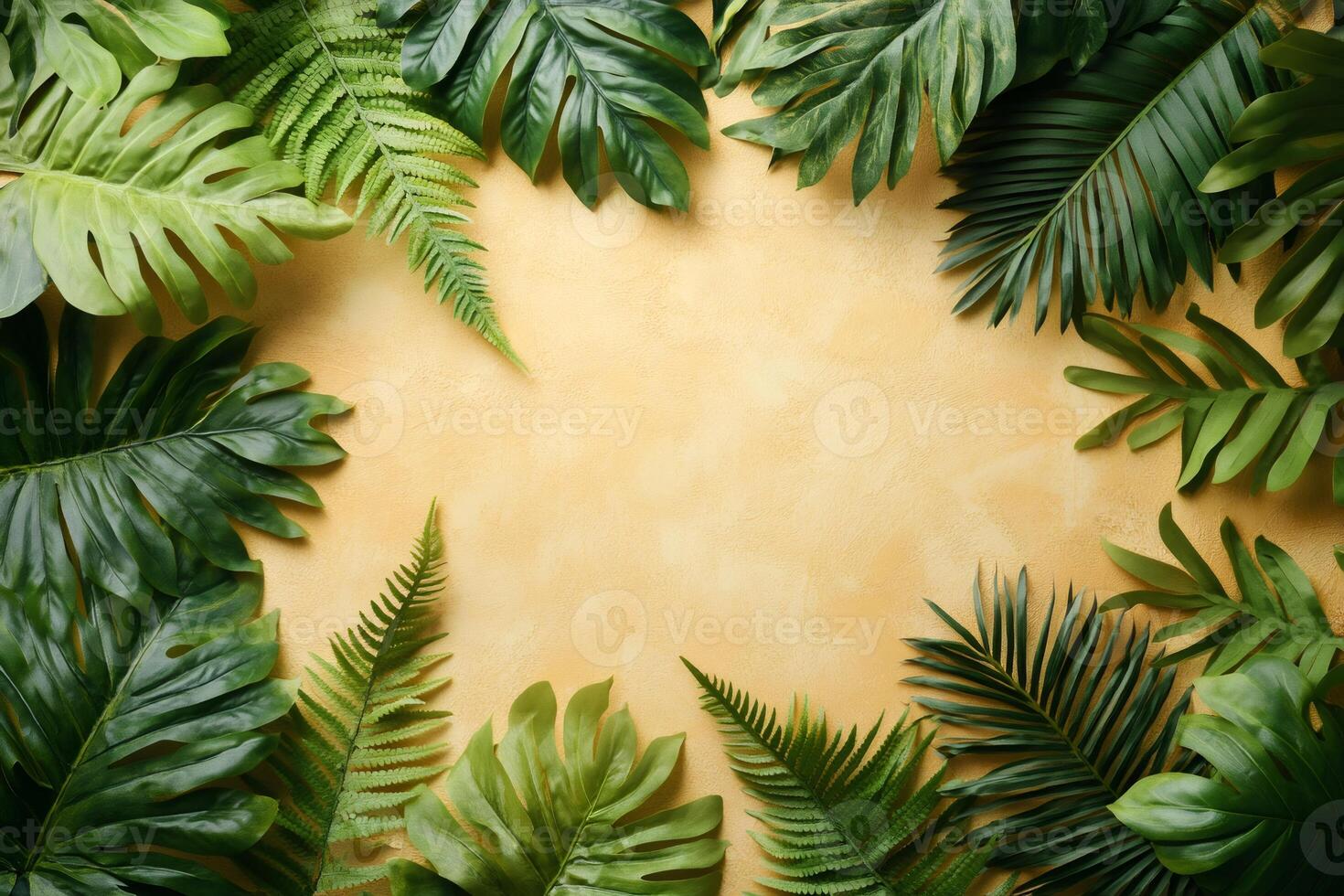 Tropical leaves creating a frame on yellow background photo