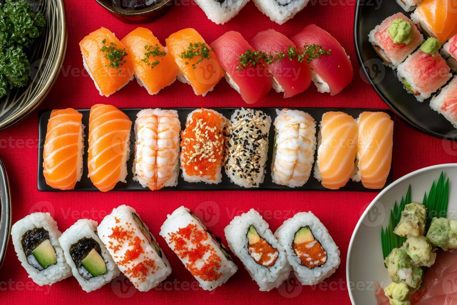 Variety of delicious nigiri and maki sushi displayed on red tablecloth photo