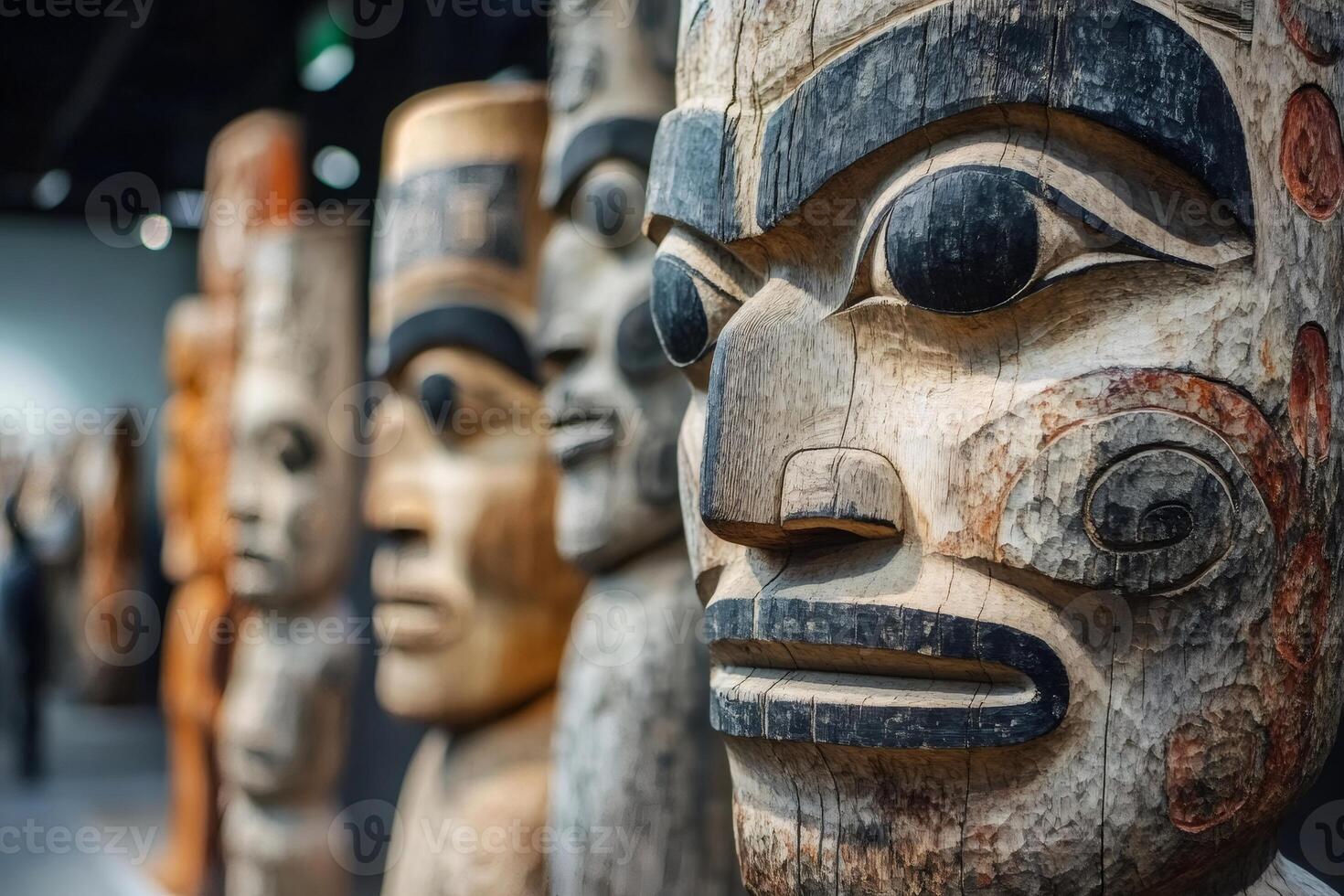 Row of traditional totem poles representing native american culture photo