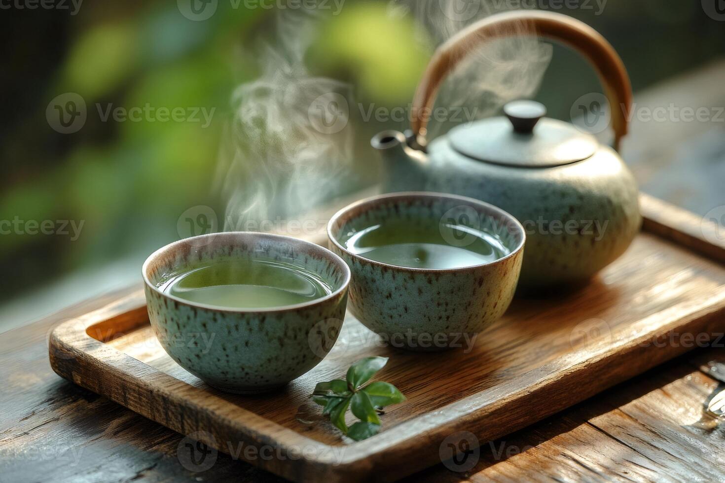 Steaming green tea ceremony on wooden tray promoting wellness and mindfulness photo