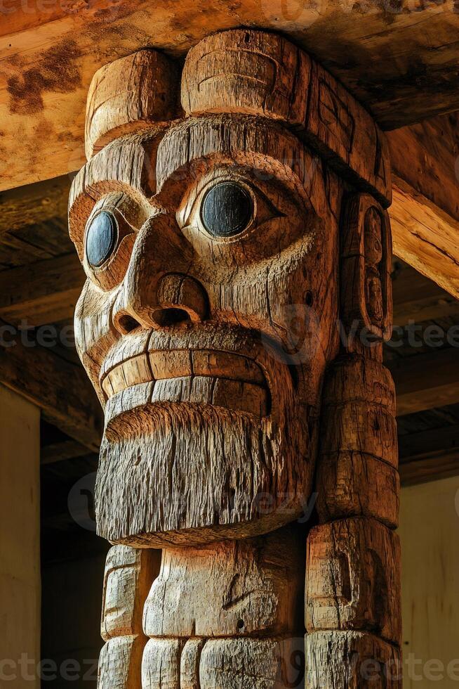 Majestic totem pole carving representing native american culture and history photo