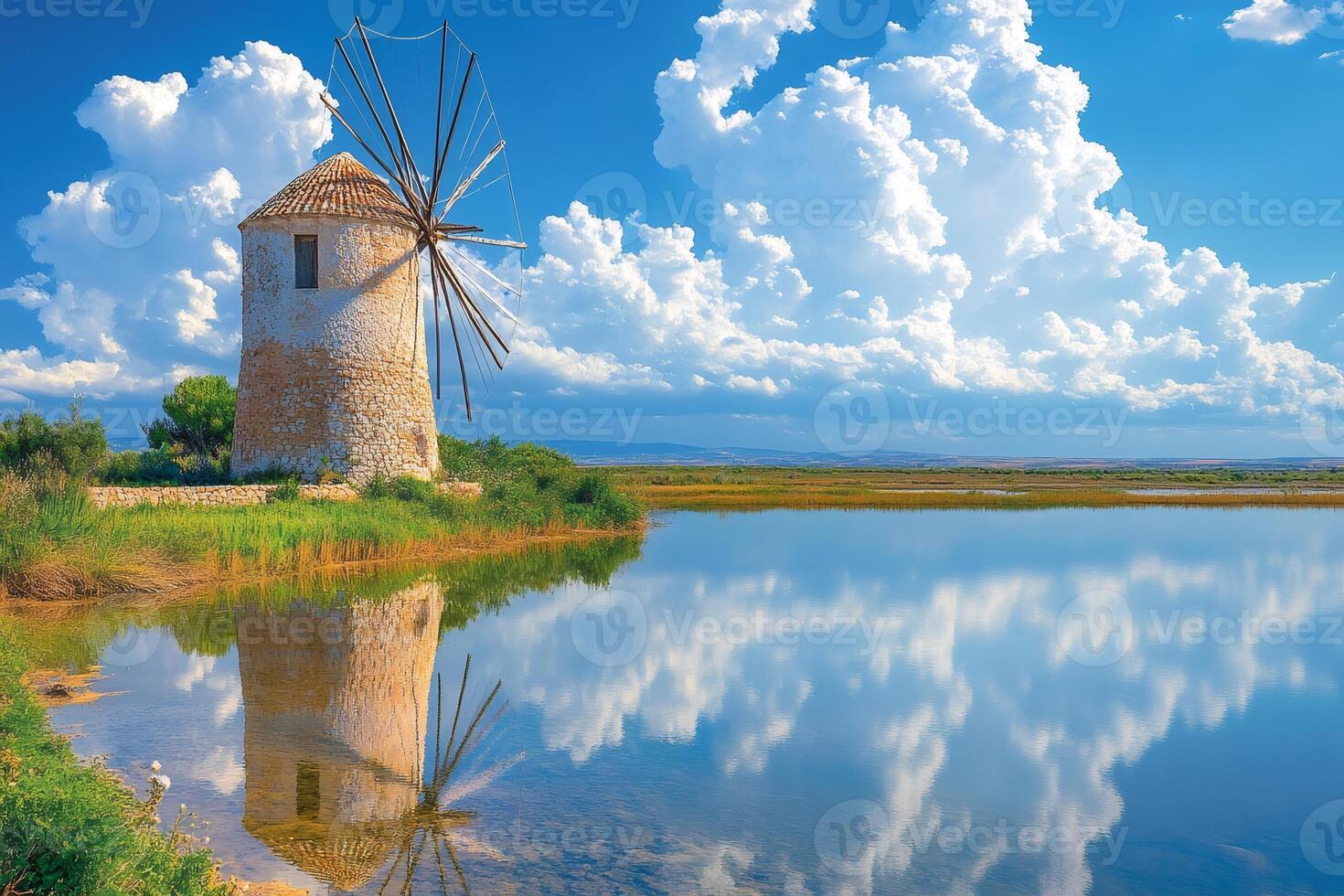 Traditional stone windmill reflecting in calm lake under cloudy sky photo