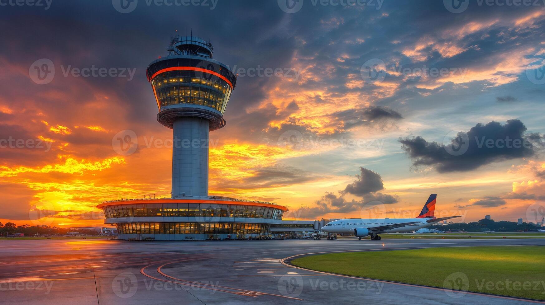 Airplane leaving airport at golden hour under dramatic sky photo