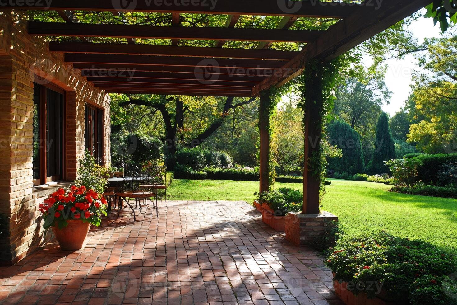 Pergola providing shade on a brick patio overlooking lush green garden photo