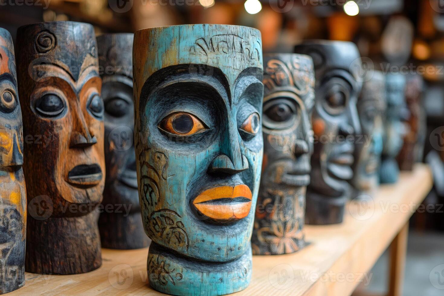 Colorful wooden tribal masks displayed on a shelf in a souvenir shop photo