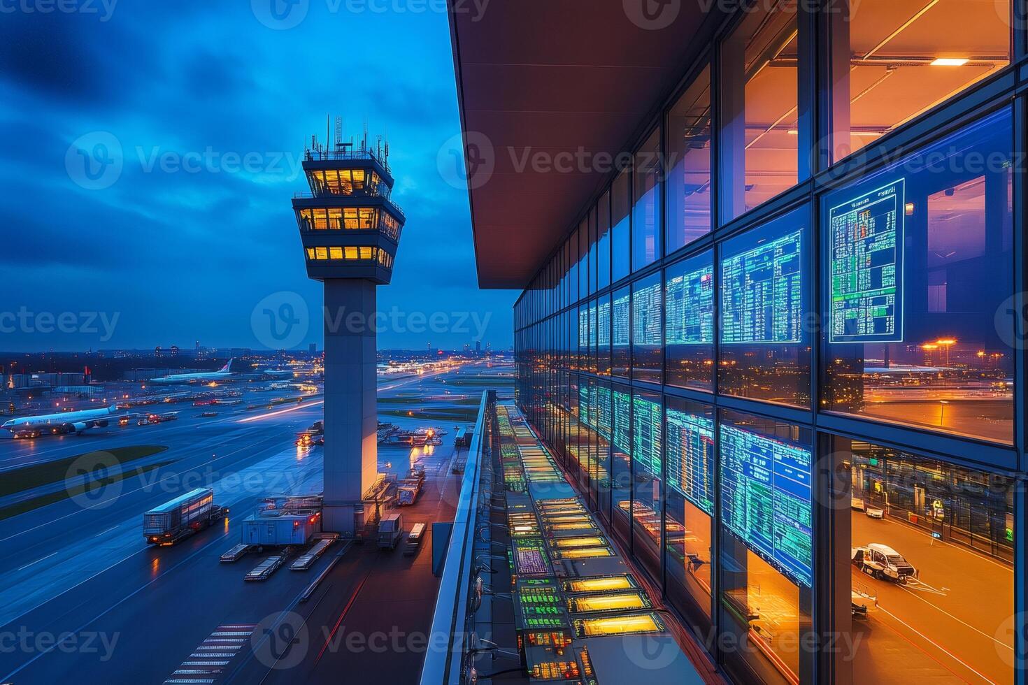 Airport control tower managing air traffic at dusk with data displayed on office windows photo