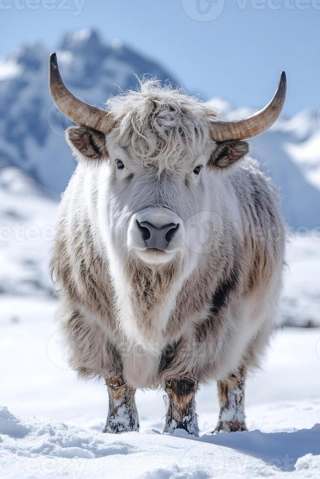 Majestic white yak standing in snowy mountain landscape .. photo