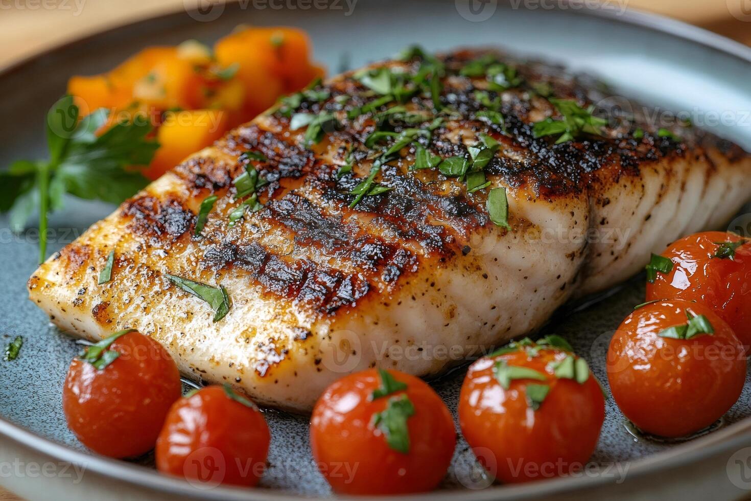 Grilled halibut fillet with roasted vegetables and cherry tomatoes, sprinkled with fresh herbs photo