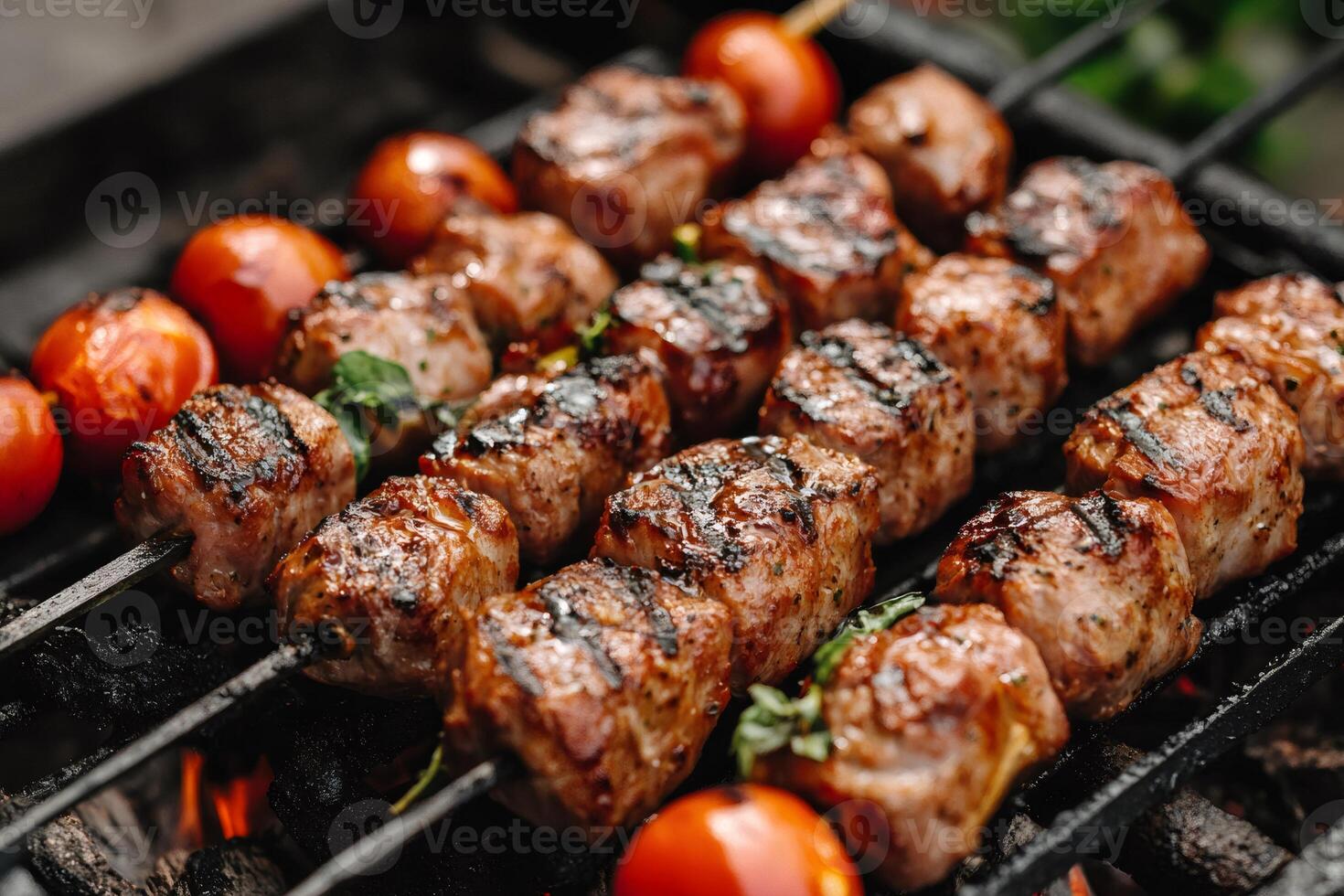 Pork and cherry tomato skewers grilling on barbecue photo