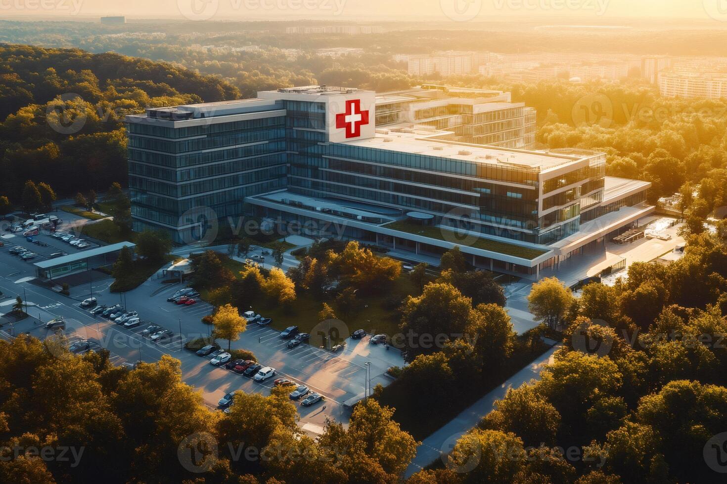 Modern hospital building with red cross sign at sunset surrounded by green trees and parking lot photo