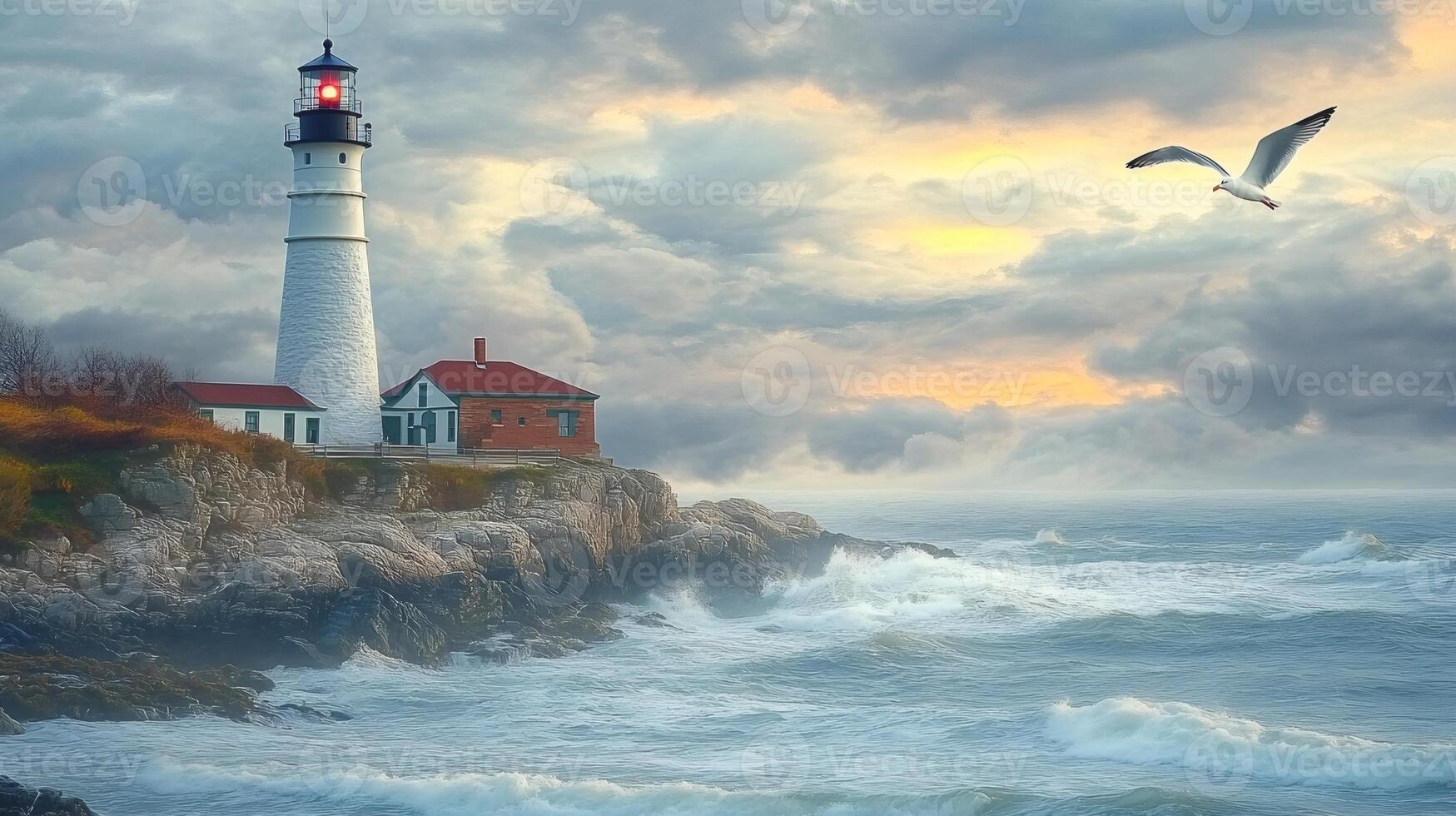 Scenic view of eastern point lighthouse at sunset with a seagull flying over a rough sea photo