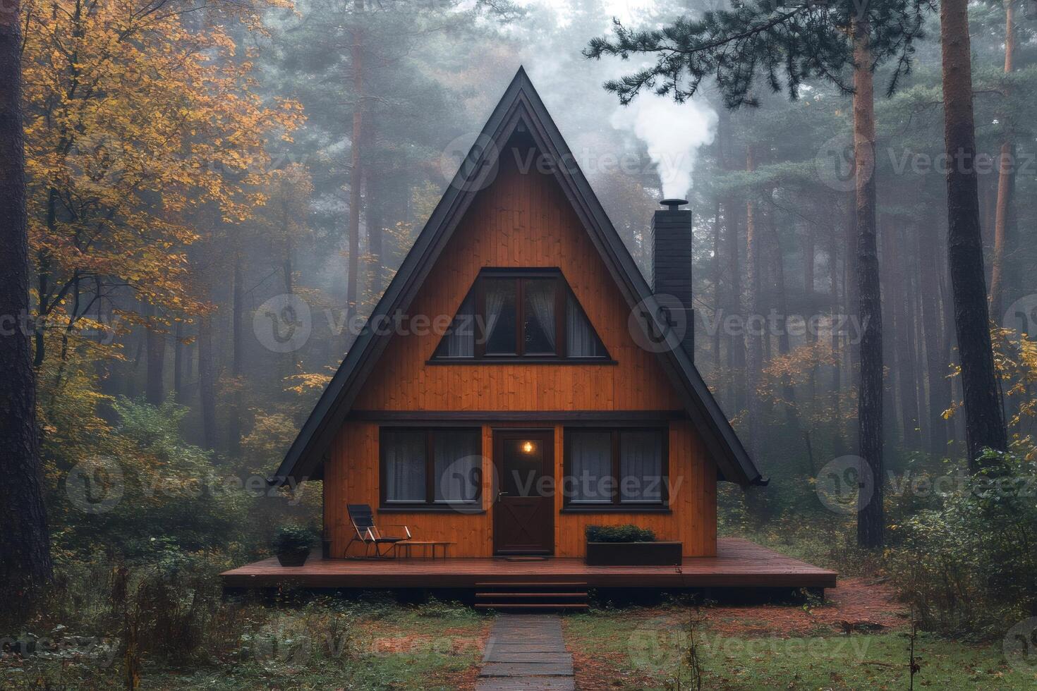 Cozy a frame cabin smoking in a misty autumn forest photo