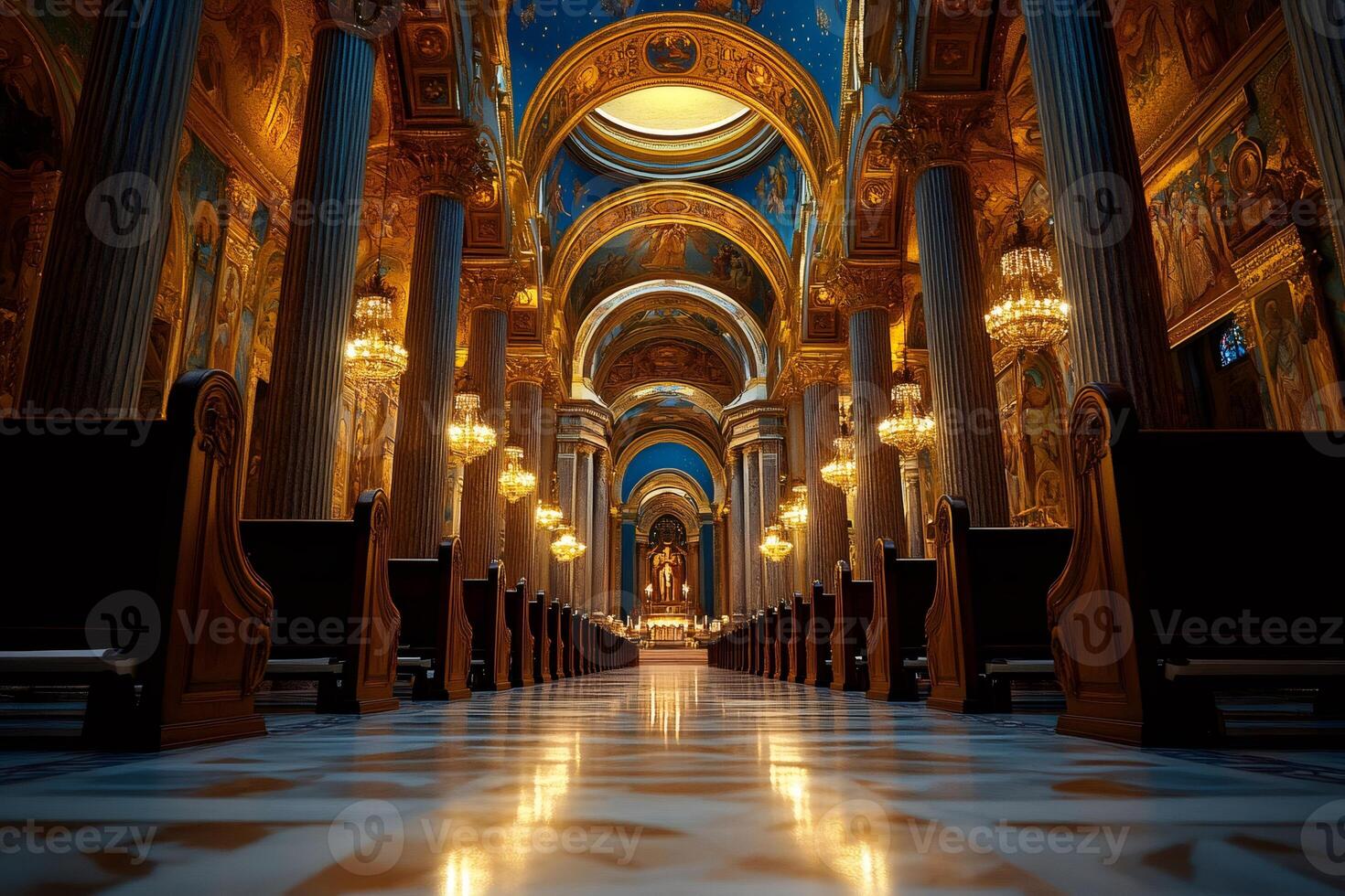 Majestic cathedral interior with golden columns and pews photo