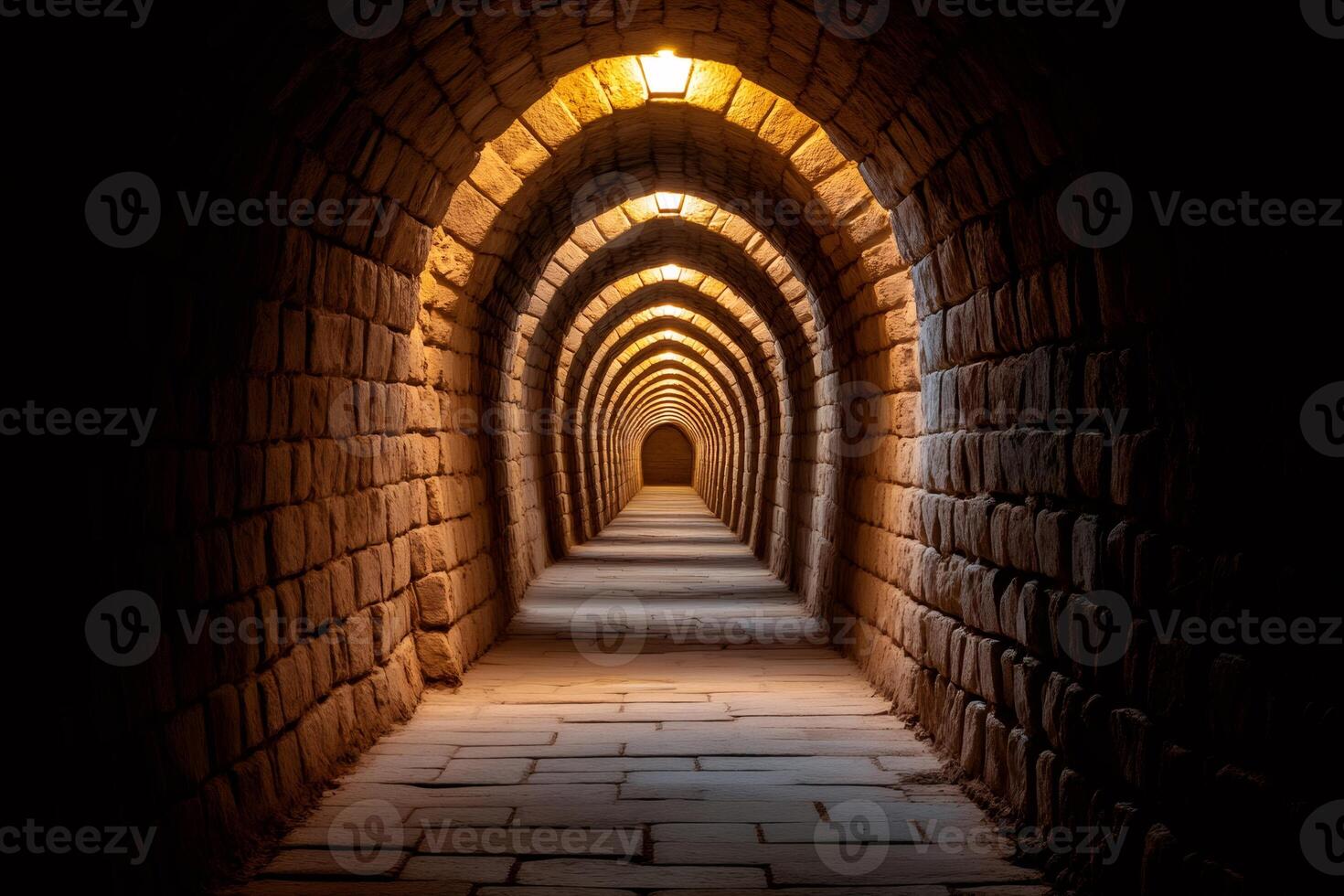 Stone corridor with arches and warm lighting creating a perspective effect photo