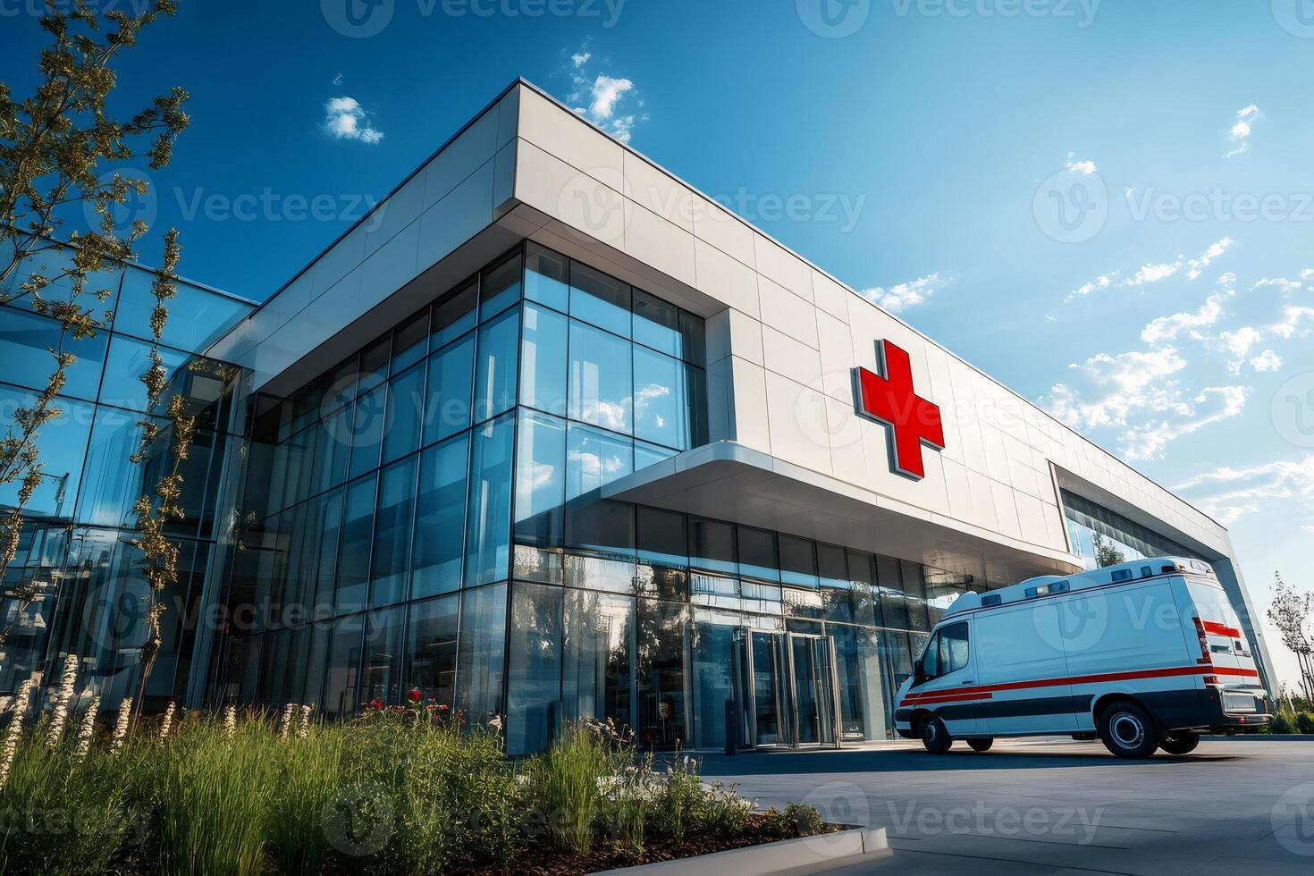 Modern hospital building with ambulance waiting outside on a sunny day photo