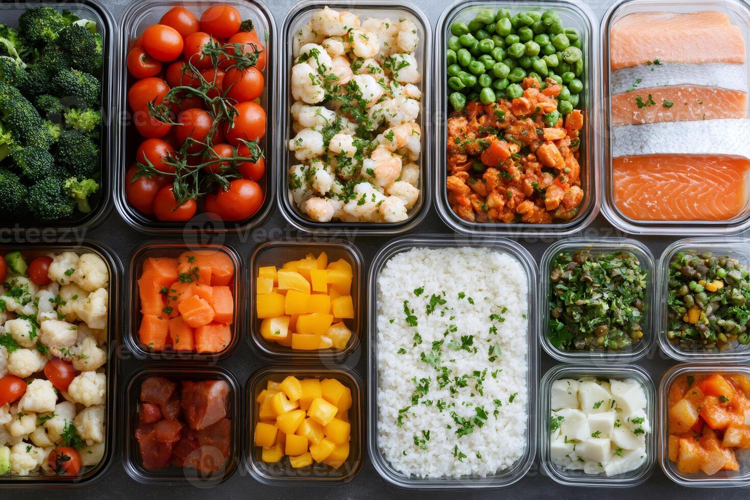 Healthy meal prep containers filled with cooked ingredients, promoting balanced nutrition and convenient eating photo