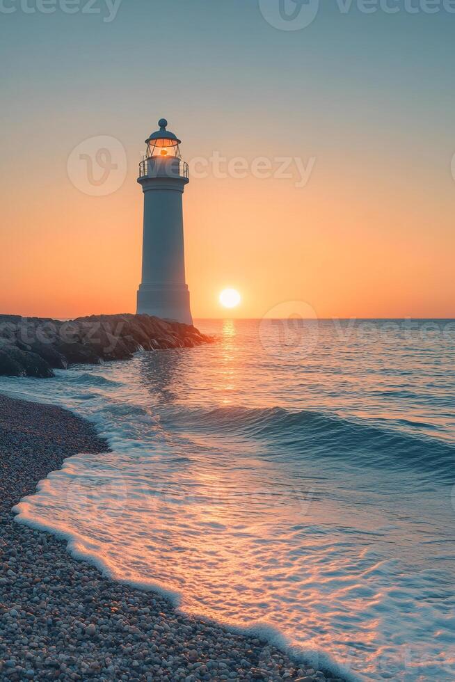 Lighthouse shining at sunset on the coastline guiding ships with its powerful light photo