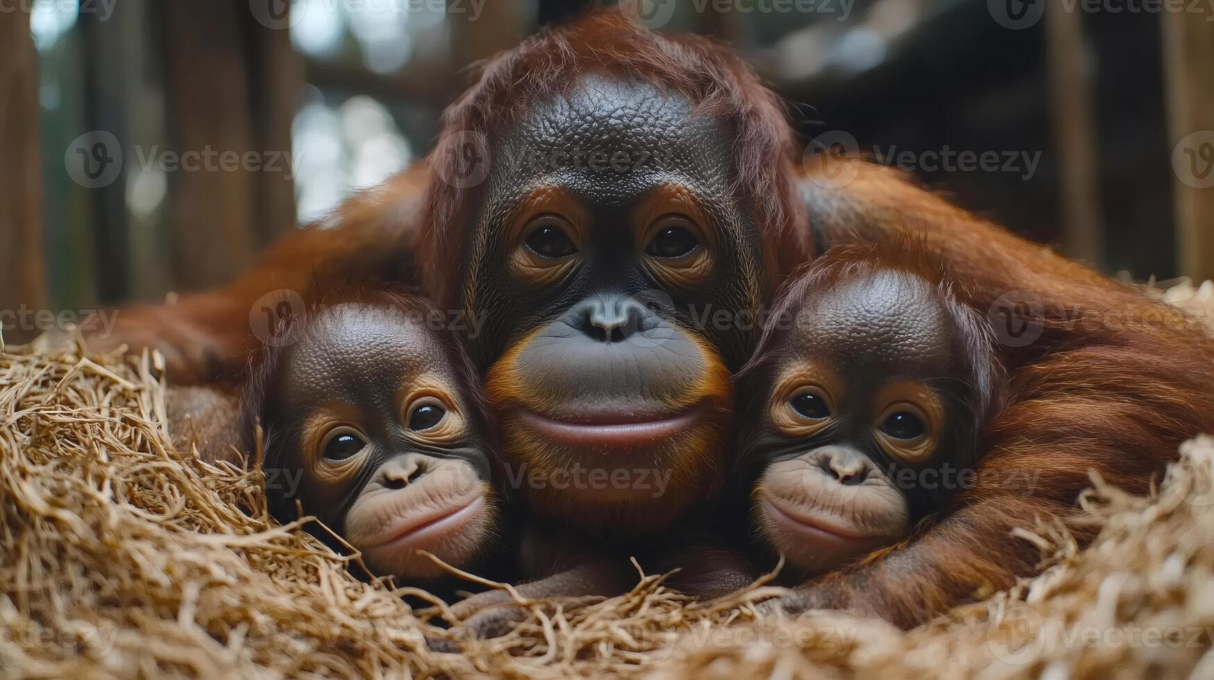 Mother orangutan embracing two babies in nest photo