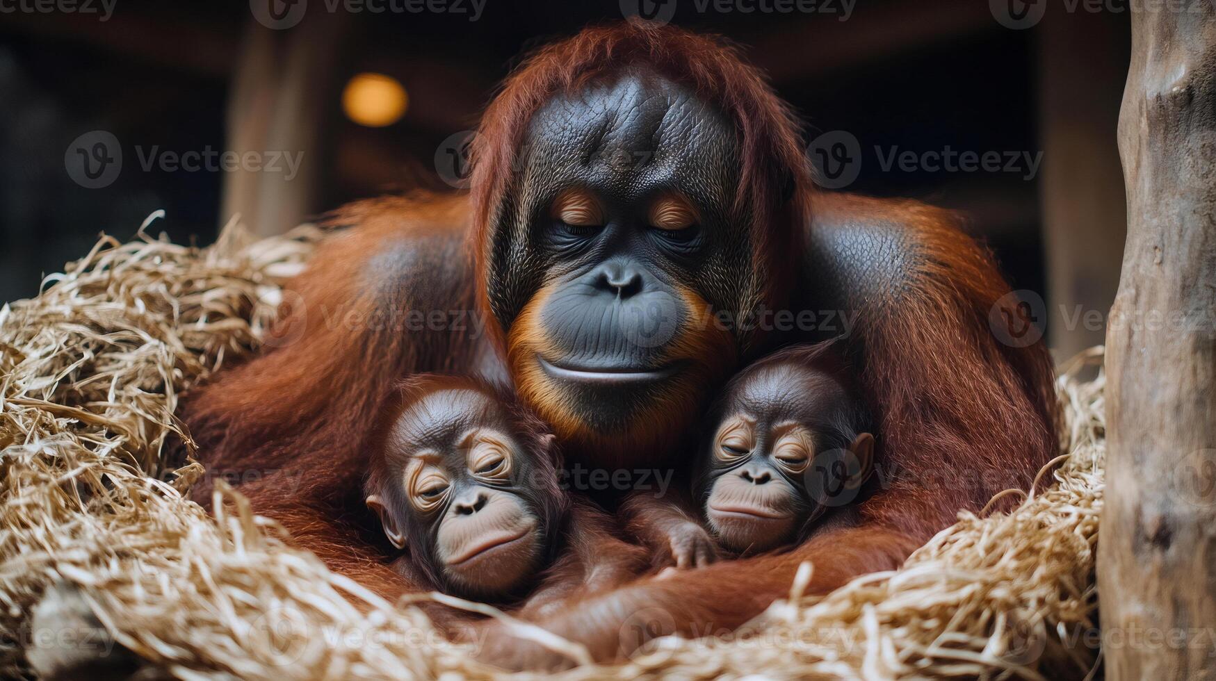 Orangutan mother cuddling with babies in nest photo