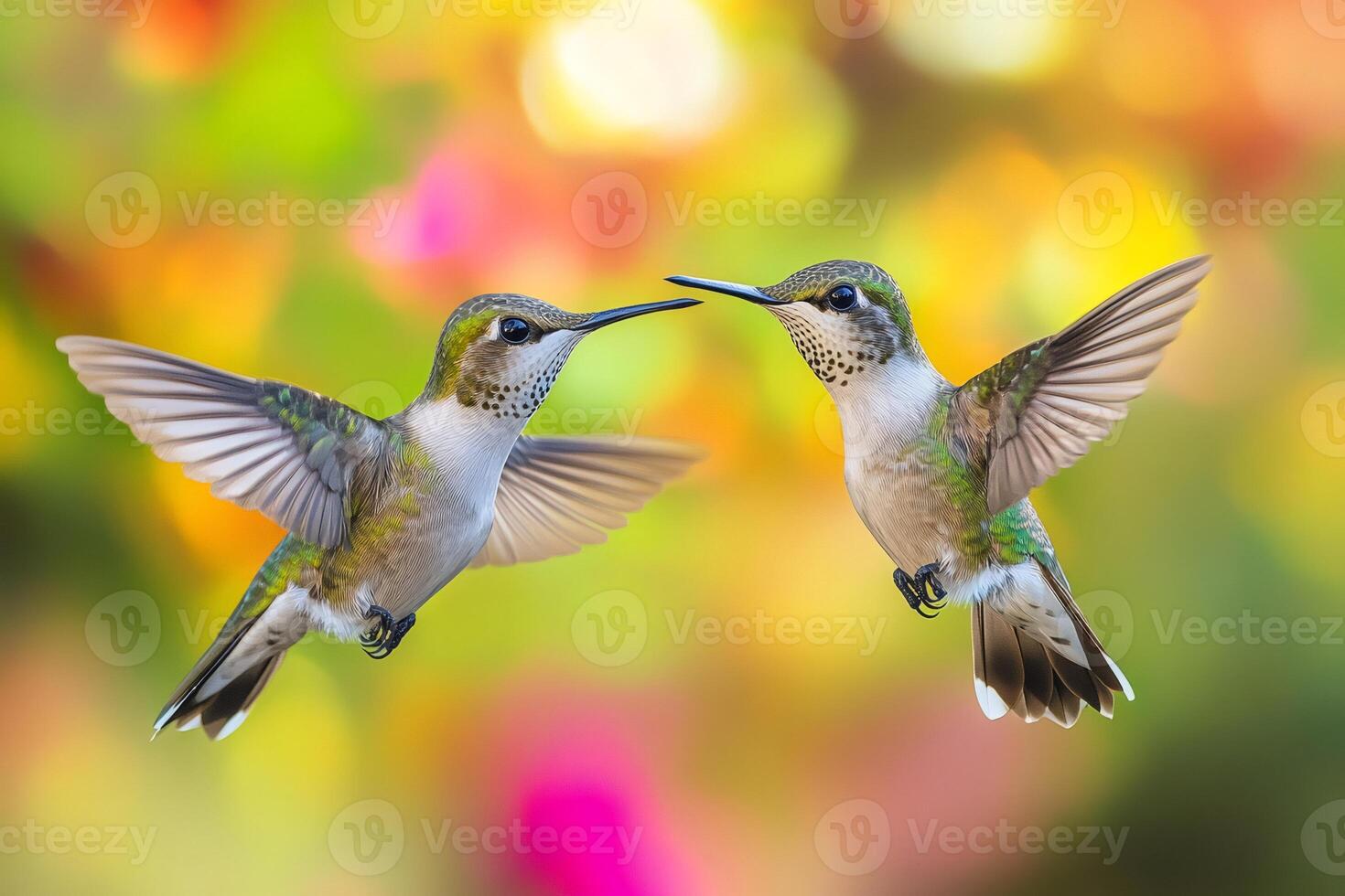Two ruby throated hummingbirds hovering in colorful garden photo
