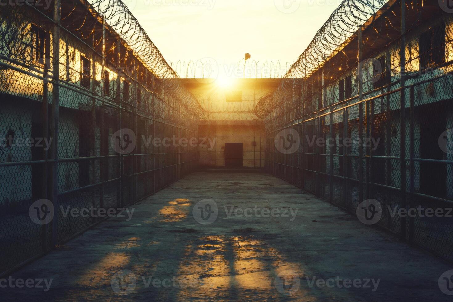 Prison bars and razor wire enclosing a corridor at sunset photo
