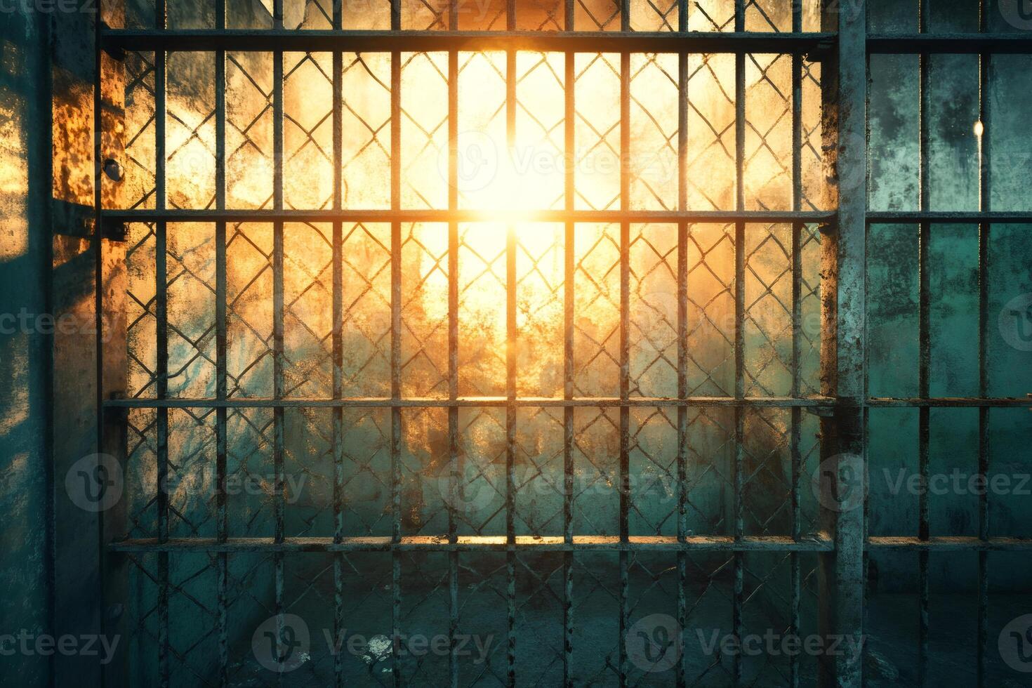 Golden sunlight shining through old rusty metal bars and wire mesh photo
