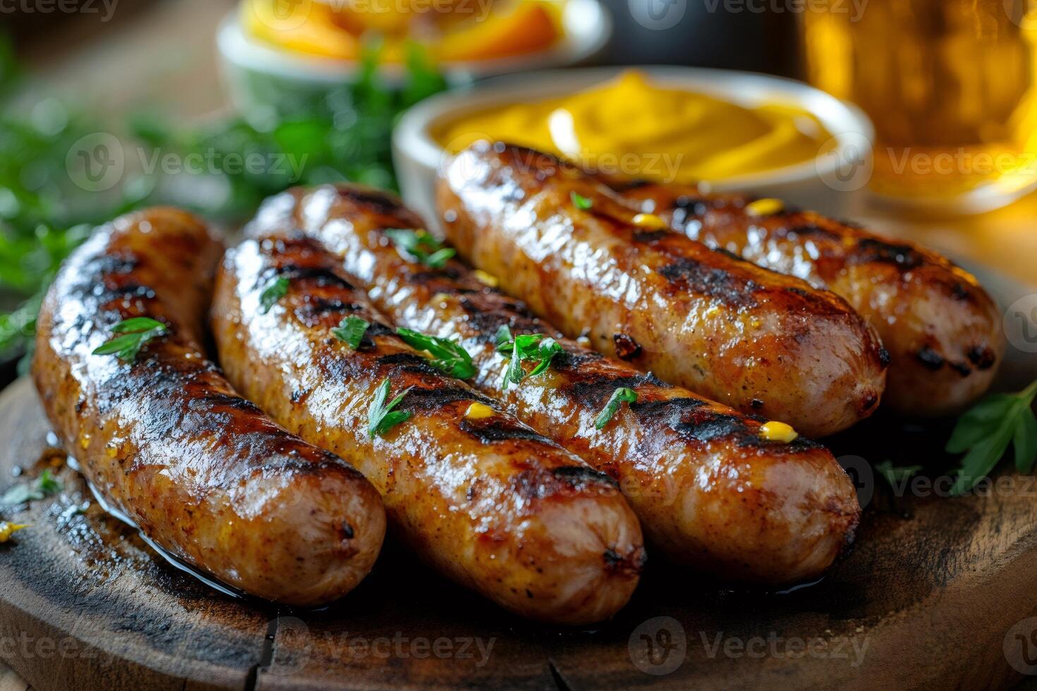 Grilled sausages with herbs and mustard on wooden board photo