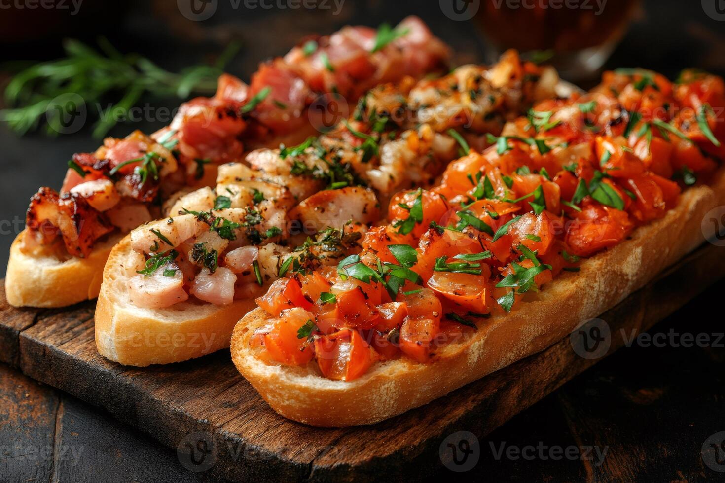 Delicious bruschetta with tomatoes, bacon, and herbs resting on wooden board photo