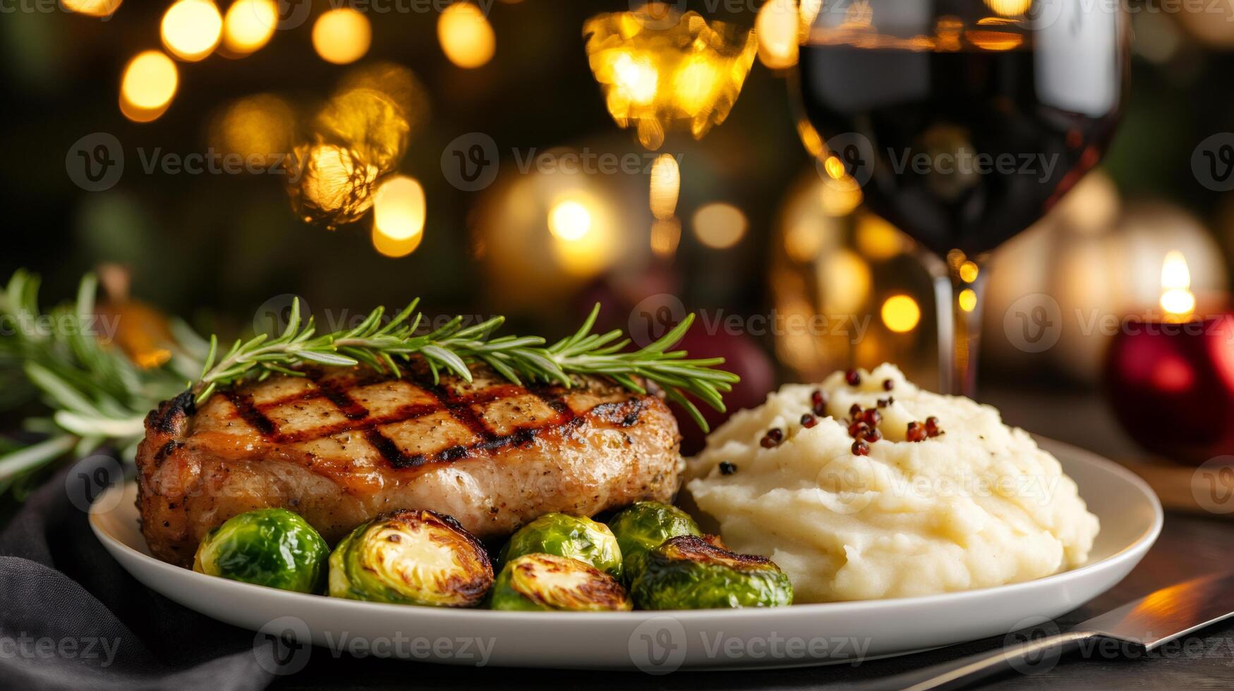 Grilled pork chop with roasted brussel sprouts and mashed potatoes for christmas dinner photo