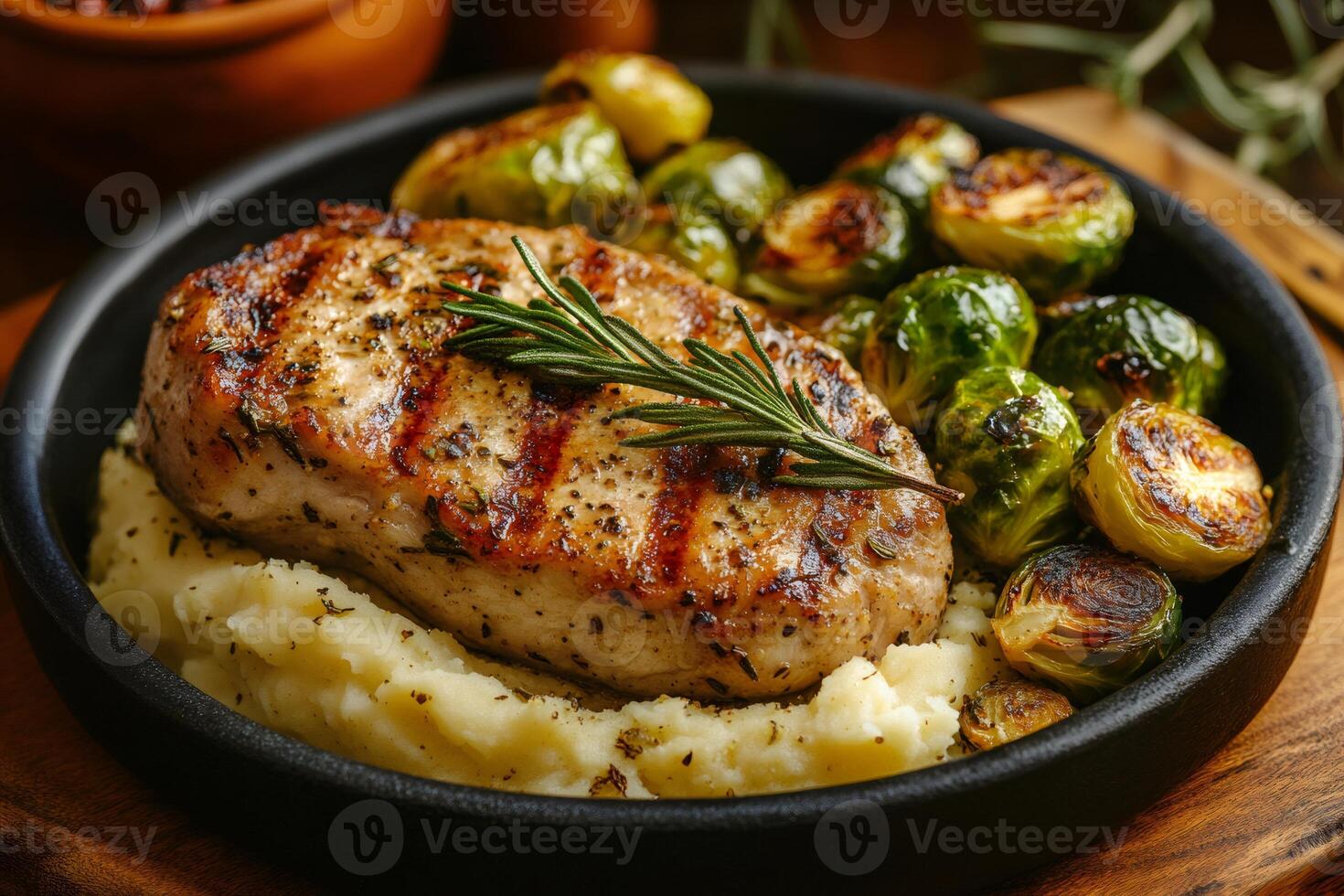 Grilled pork chop resting on mashed potatoes with roasted brussel sprouts and rosemary photo