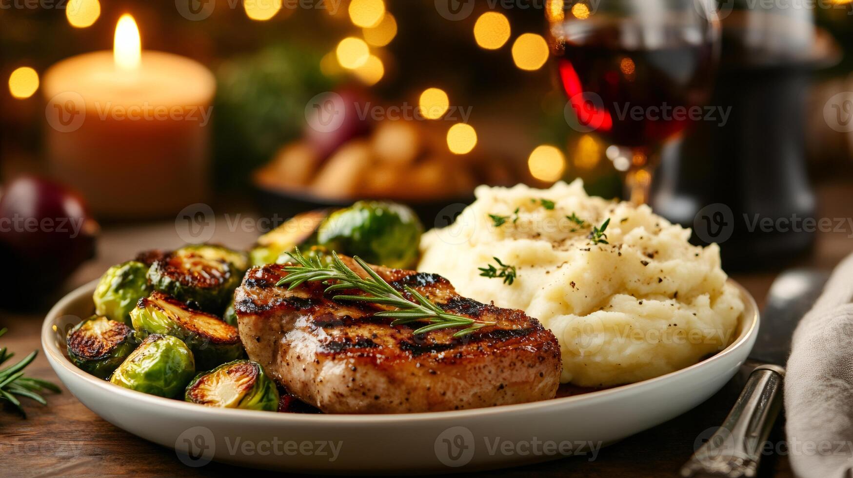 Grilled pork chops with roasted brussel sprouts and mashed potatoes for christmas dinner photo