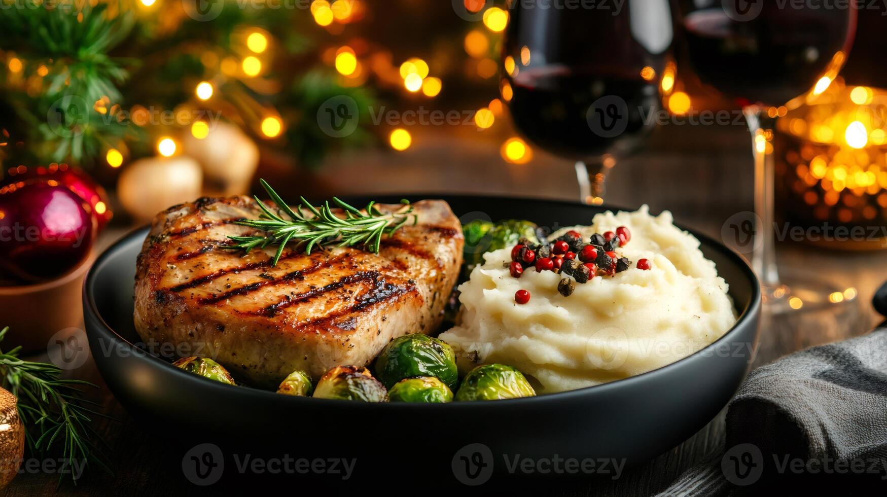 Grilled pork chops with mashed potatoes and brussel sprouts for christmas dinner photo
