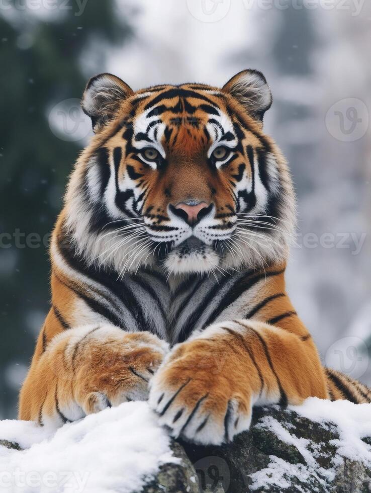 Siberian tiger resting paws on snowy rock in winter forest photo