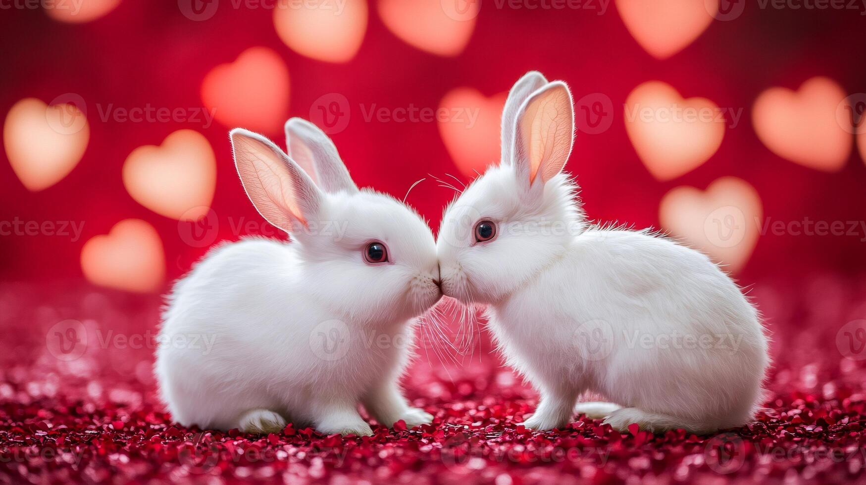 Two white bunnies kissing on valentine's day with red heart background photo