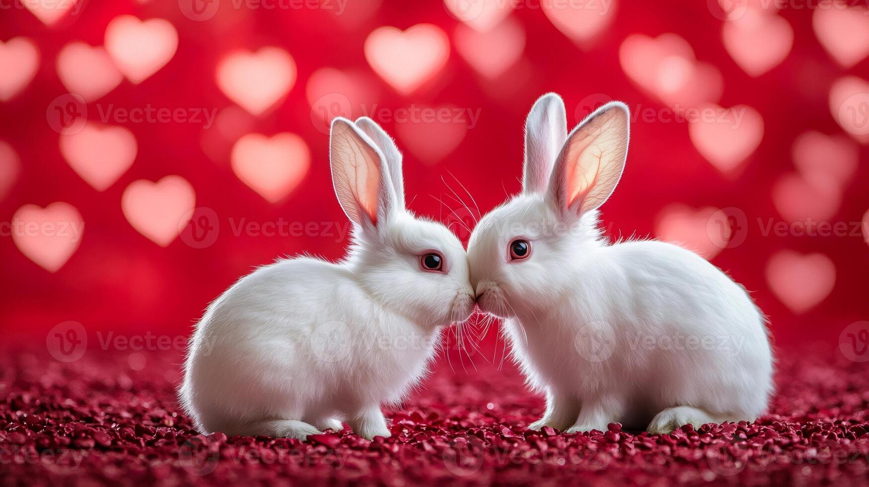 Two white bunnies kissing on valentine's day with red hearts background photo