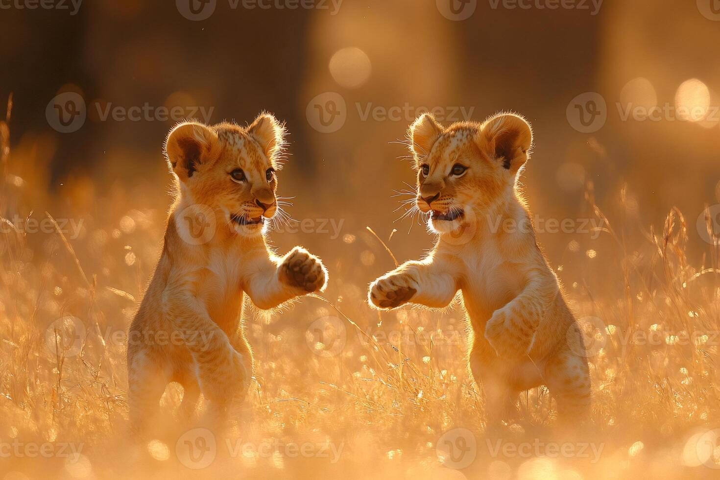 Two lion cubs playing in golden sunlight at sunset photo