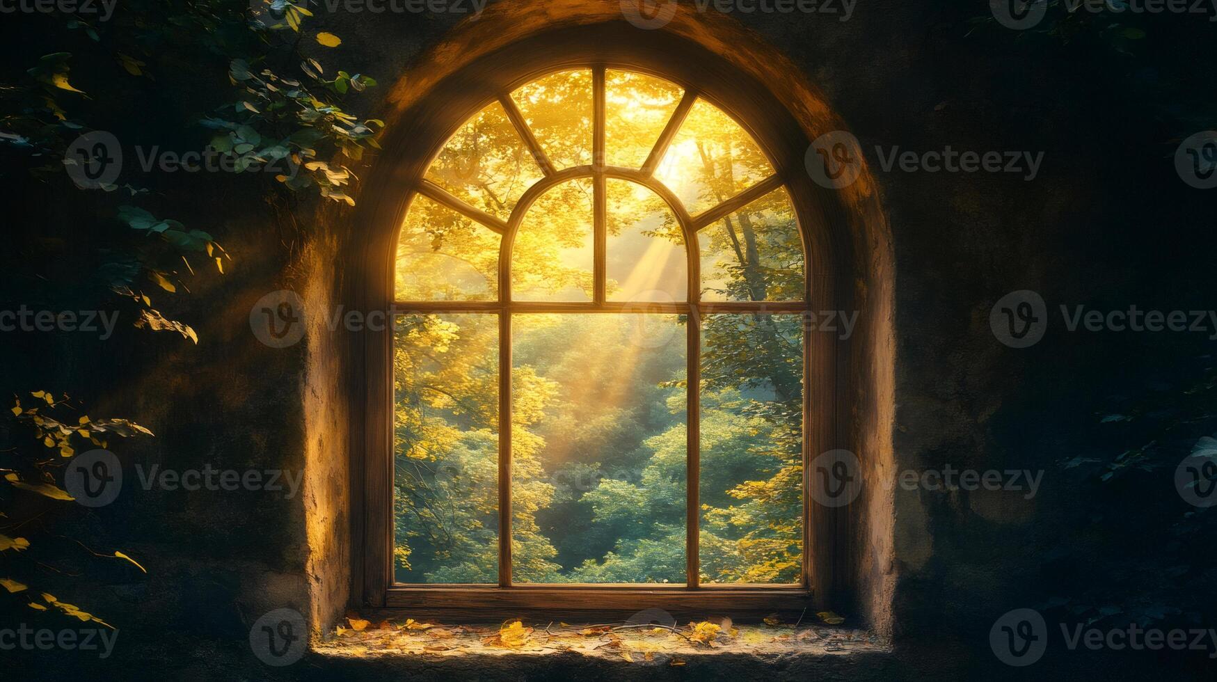 Sunlight entering arched window illuminating lush green forest photo