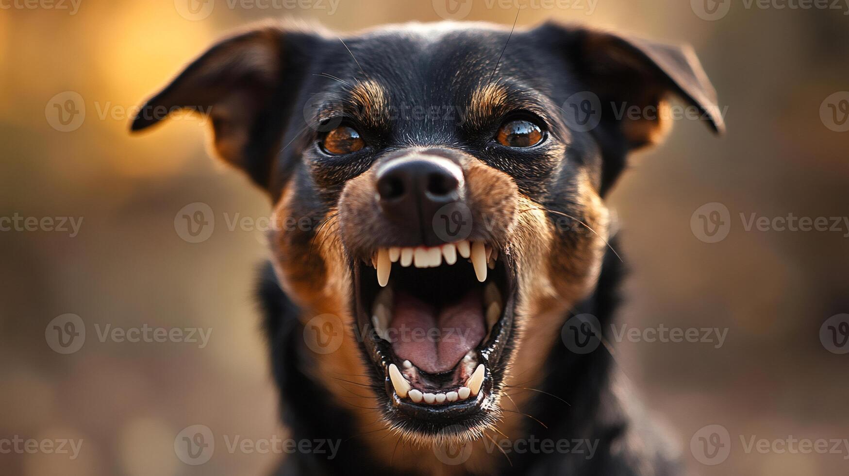 Angry dog showing teeth while barking outdoors photo