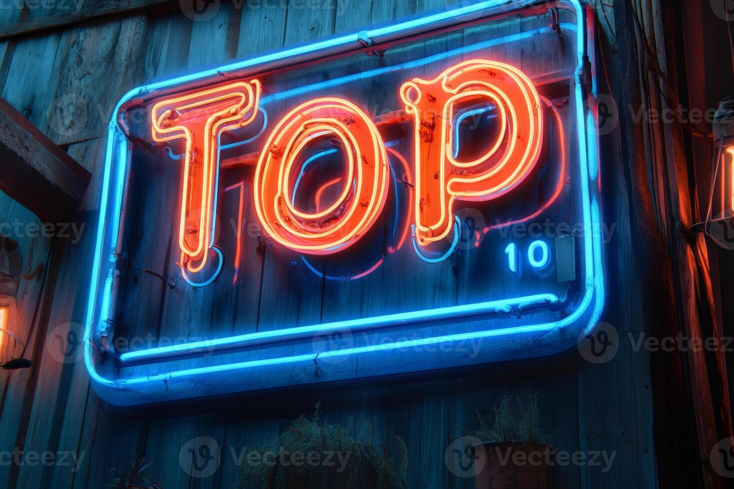 Bright red neon sign spelling the word top 10 on rustic wooden wall photo