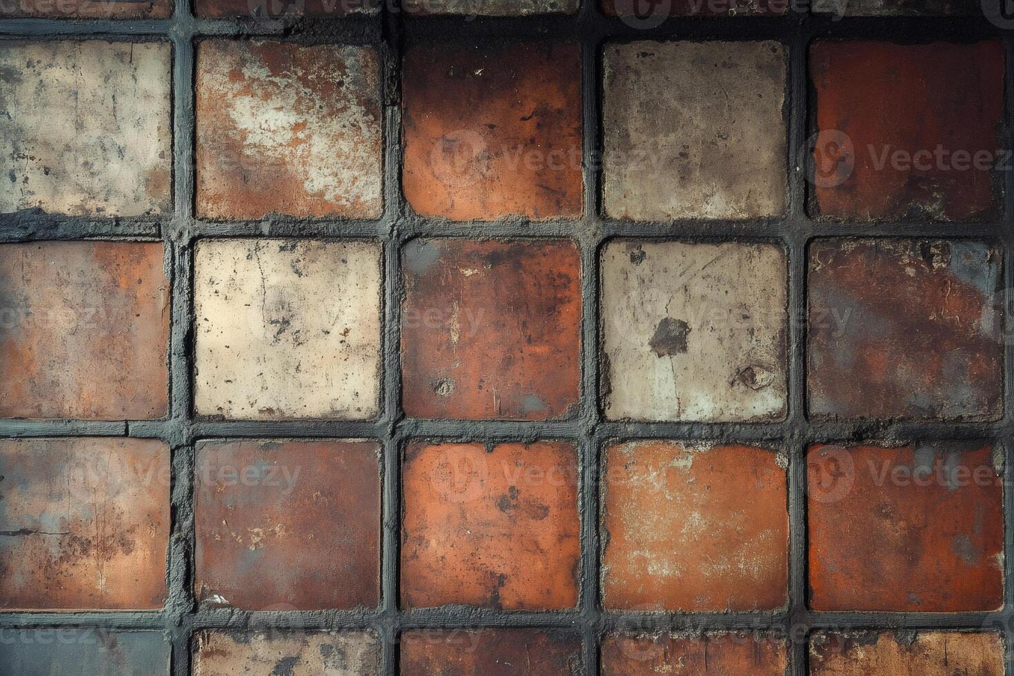 Weathered checkered tile floor creating rustic pattern photo