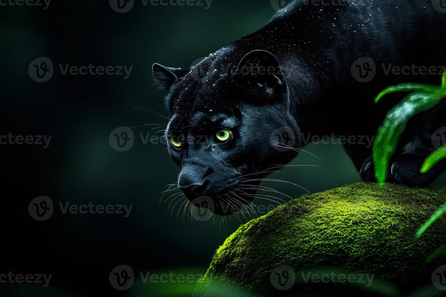 Black panther prowling in the rainforest, observing prey with intense green eyes photo