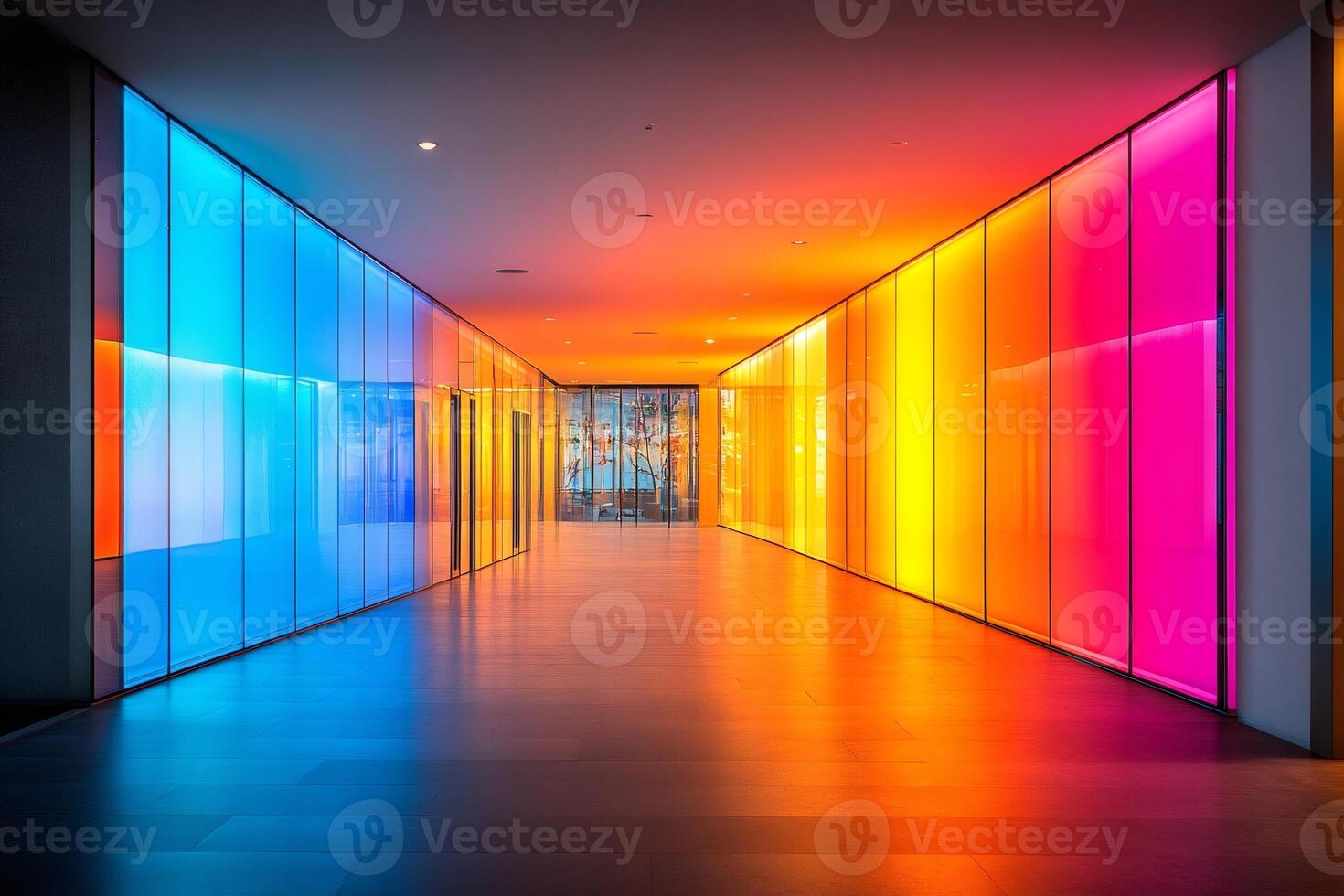 Illuminated corridor with vibrant multicolored glass panels creating a stunning visual effect photo