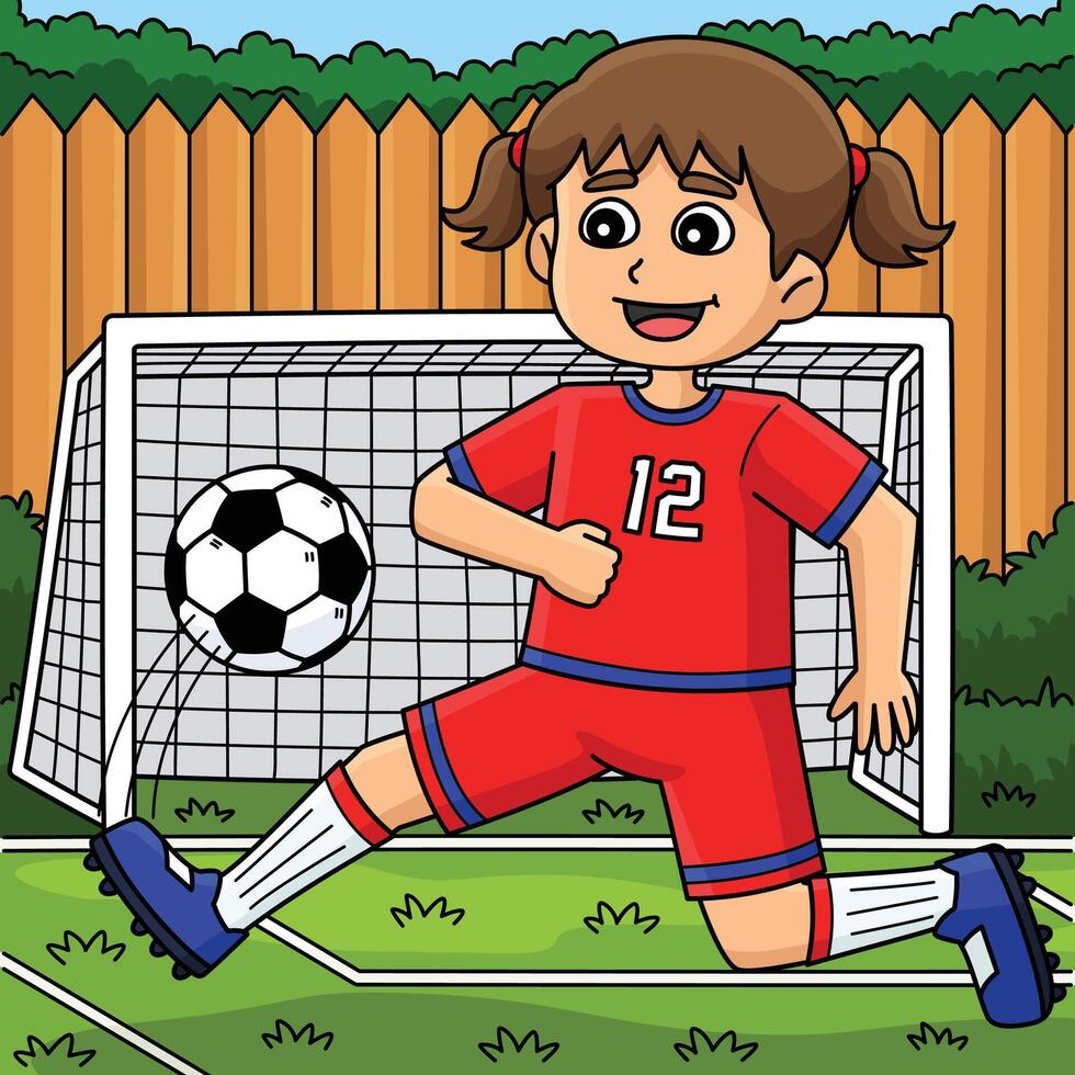 Female Soccer Player Goal Colored Cartoon vector