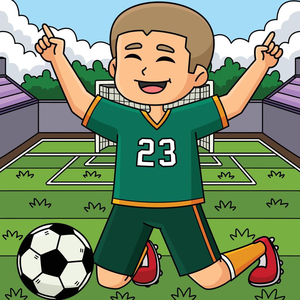 Soccer Player Boy Goal Celebration Colored Cartoon vector