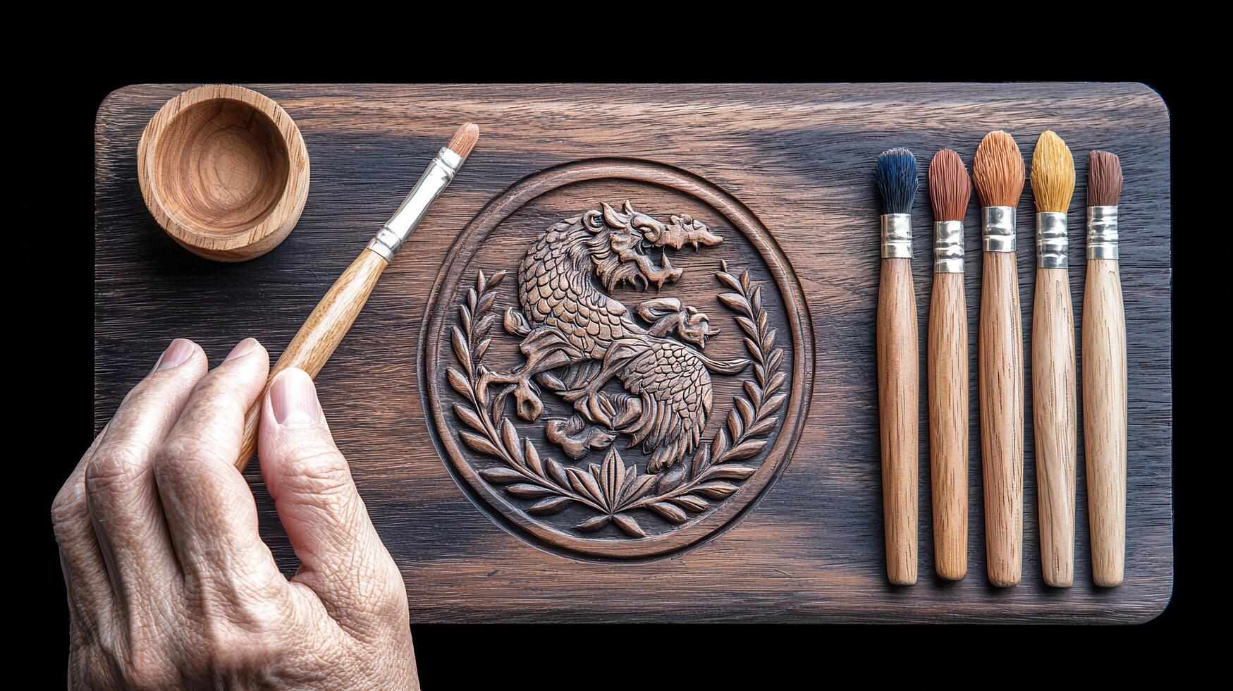 Artist's Hand Holding Paintbrush on Carved Wooden Palette with Dragons and Paintbrushes photo