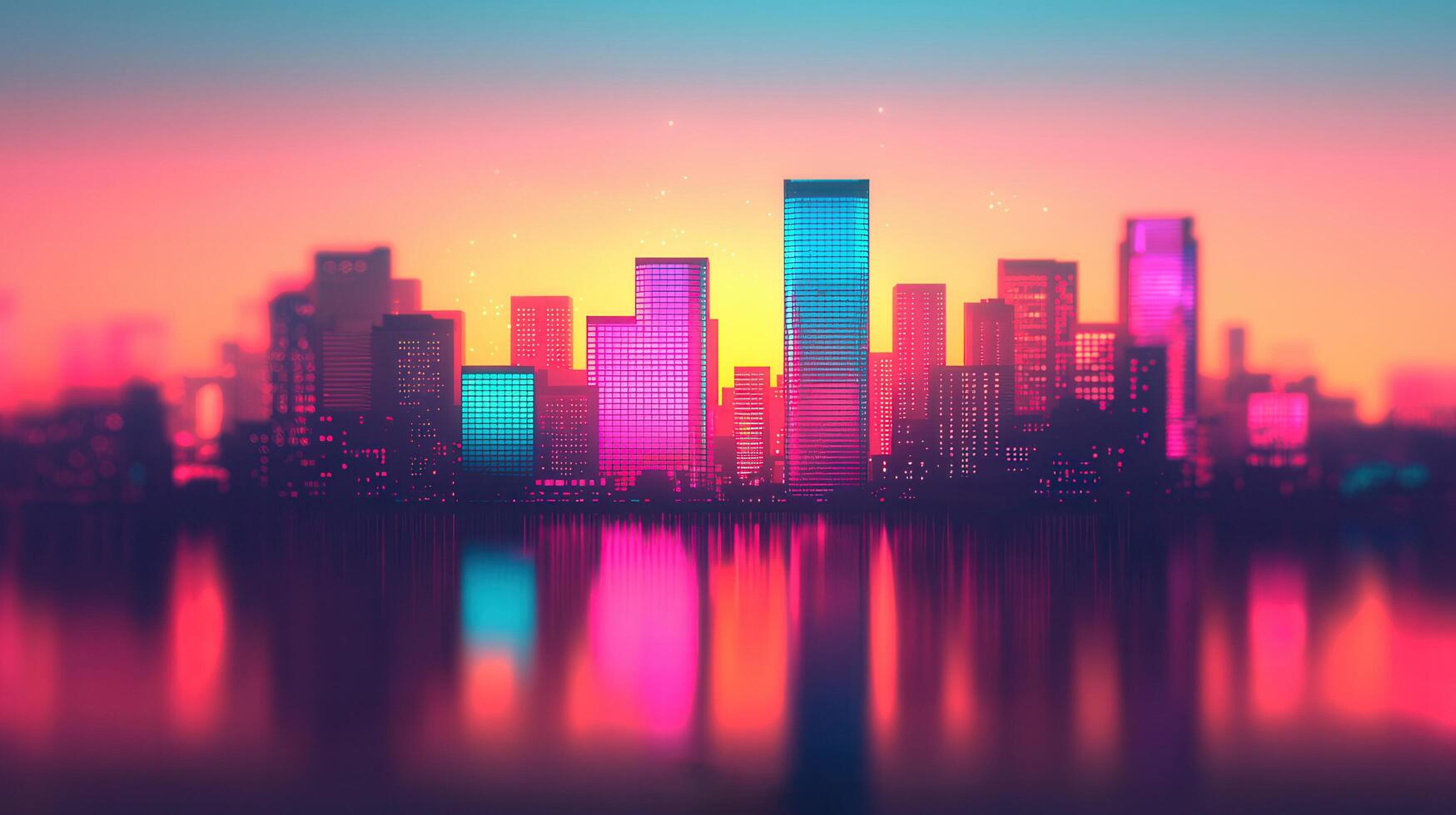 Vibrant Cityscape at Sunset Neon Lights Reflecting on Calm Waters A Stunning View of Modern Architecture at Dusk photo