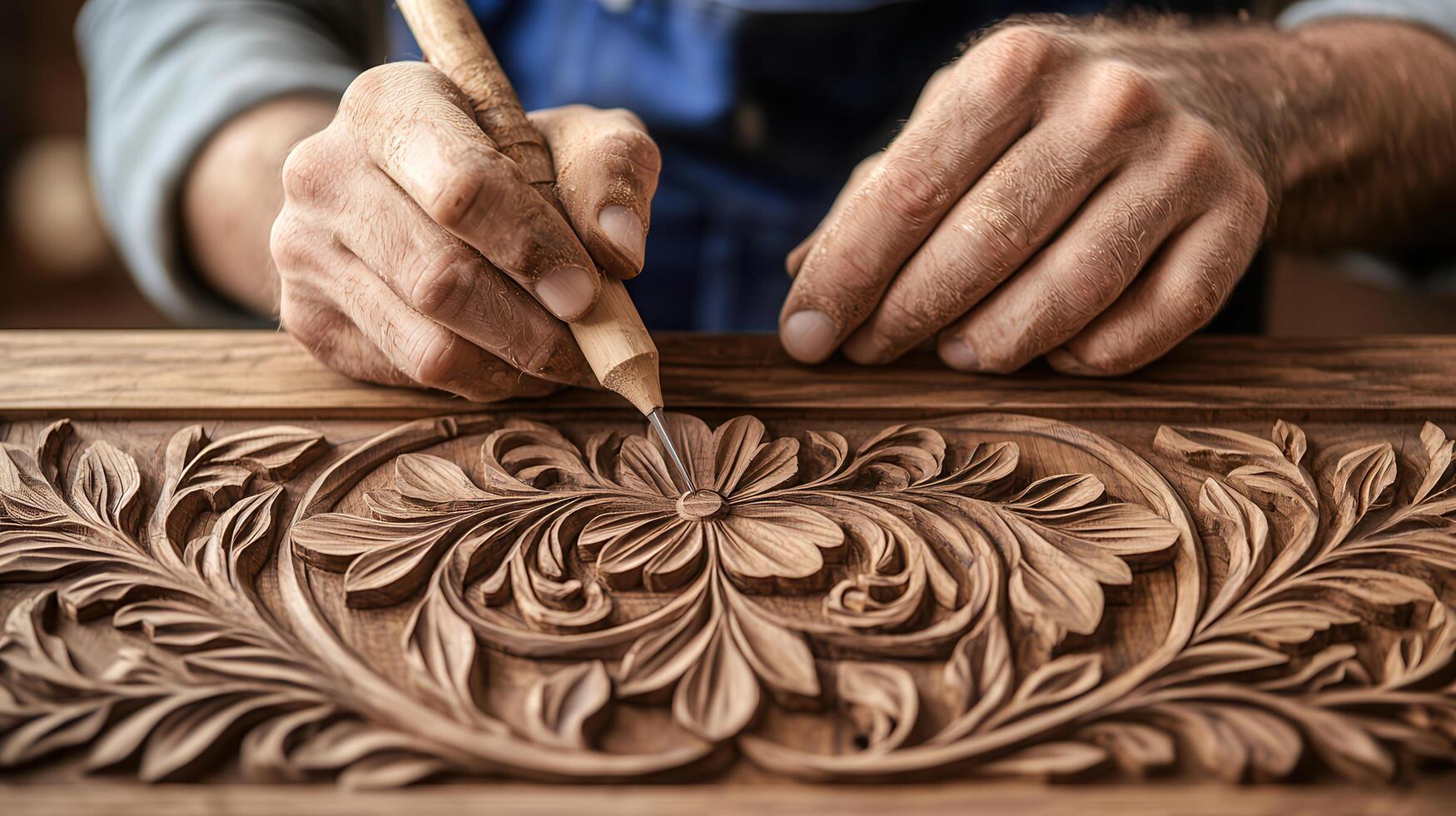 Skilled Craftsman's Hands Carving Intricate Floral Wood Design Detailed Close up of Wood Carving Process photo