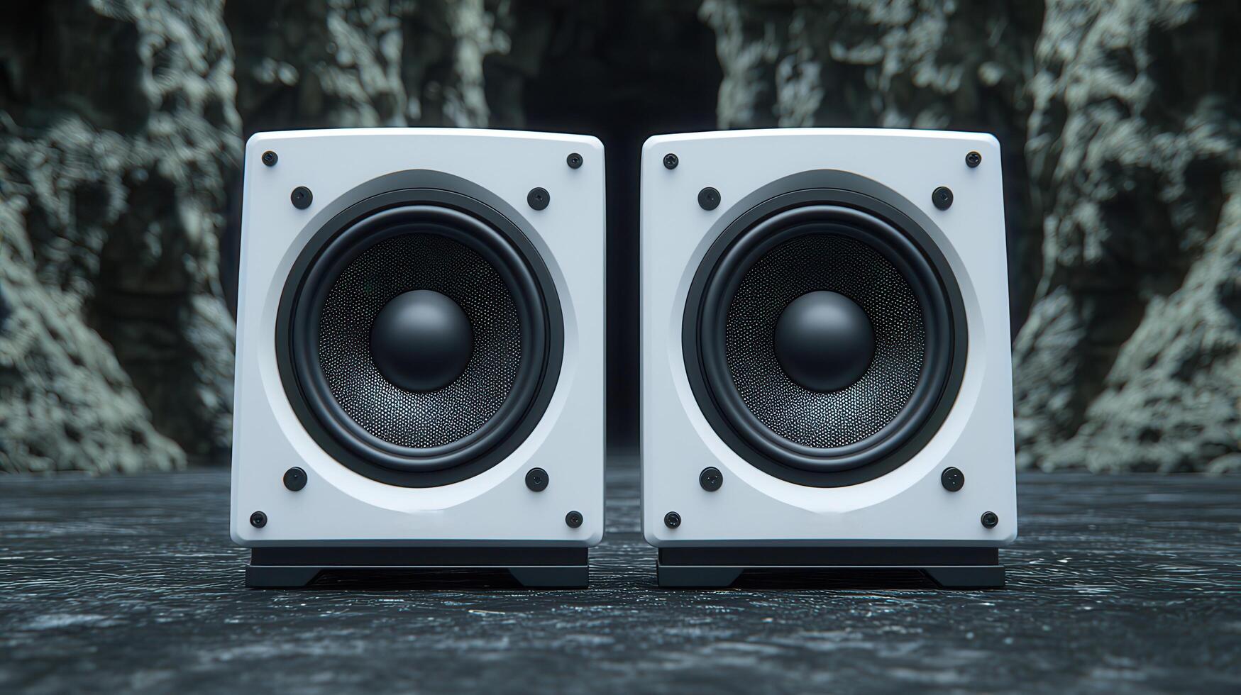 Pair of Modern White Cube Speakers on Dark Surface Against a Dramatic Background photo