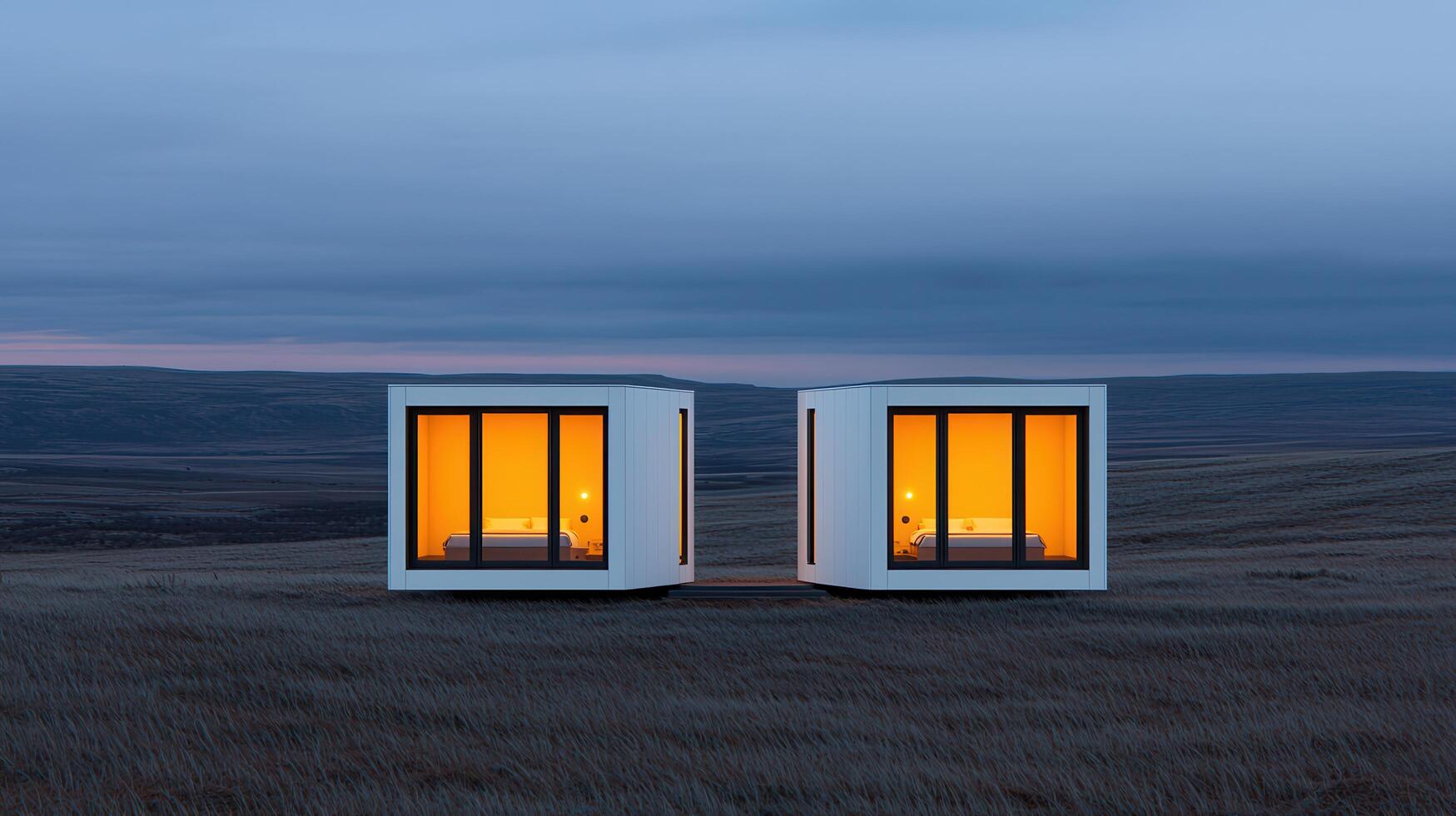 Two modern minimalist cabins illuminated at dusk in a vast landscape offering a tranquil escape photo