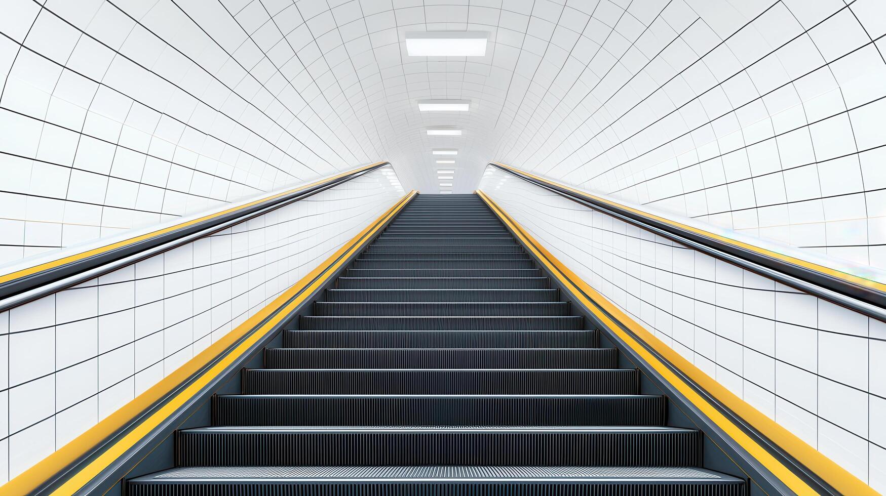 Modern Escalator in a White Tiled Subway Station Ascending Upwards photo